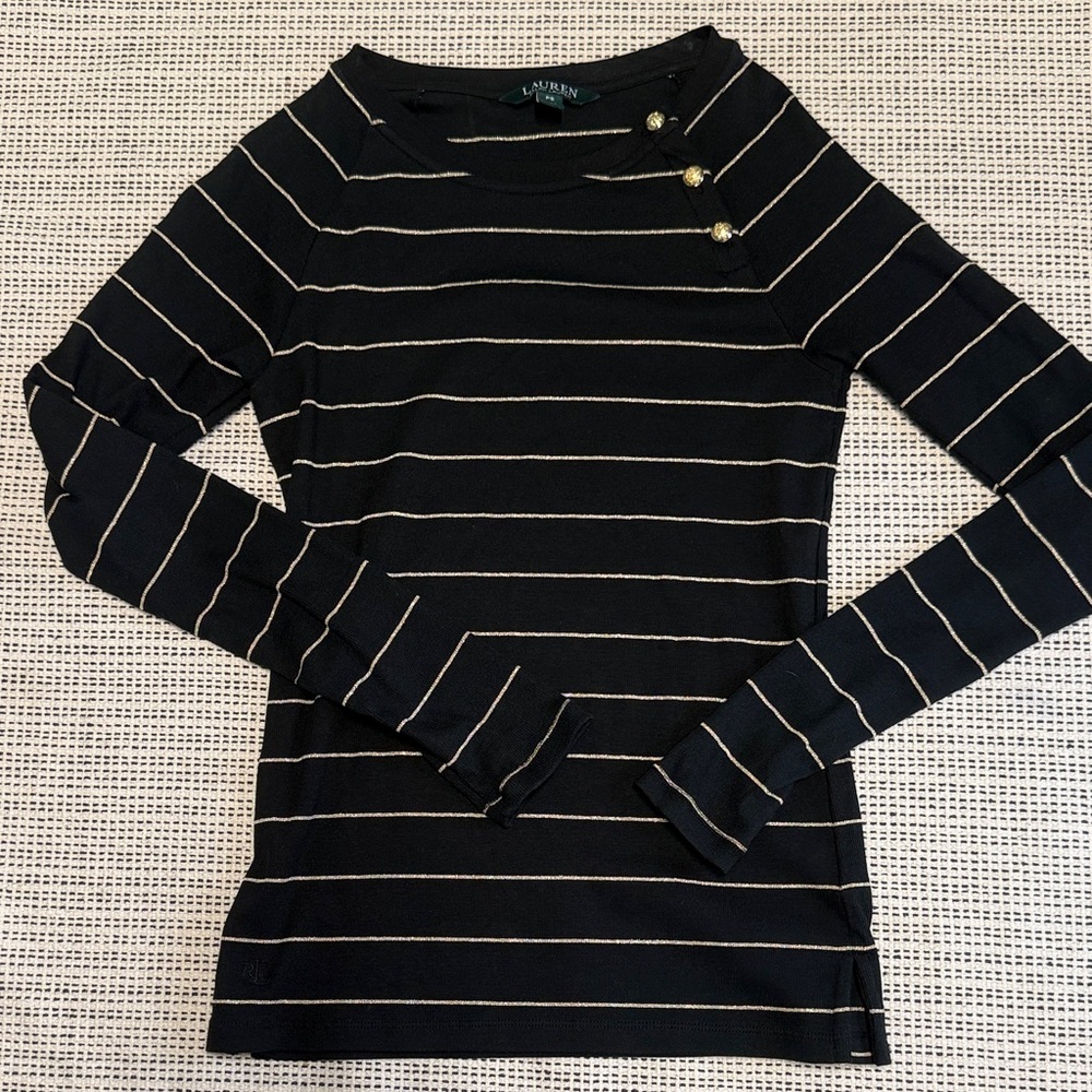 Lauren Ralph Lauren Ribbed Black and Gold Striped Women's Long Sleeve Top